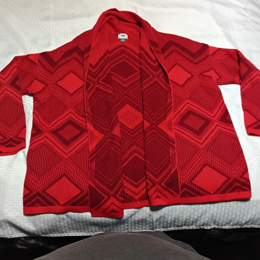 Red Open Front Cardigan Sweater Geometric Cozy Valentine Grandmacore XL